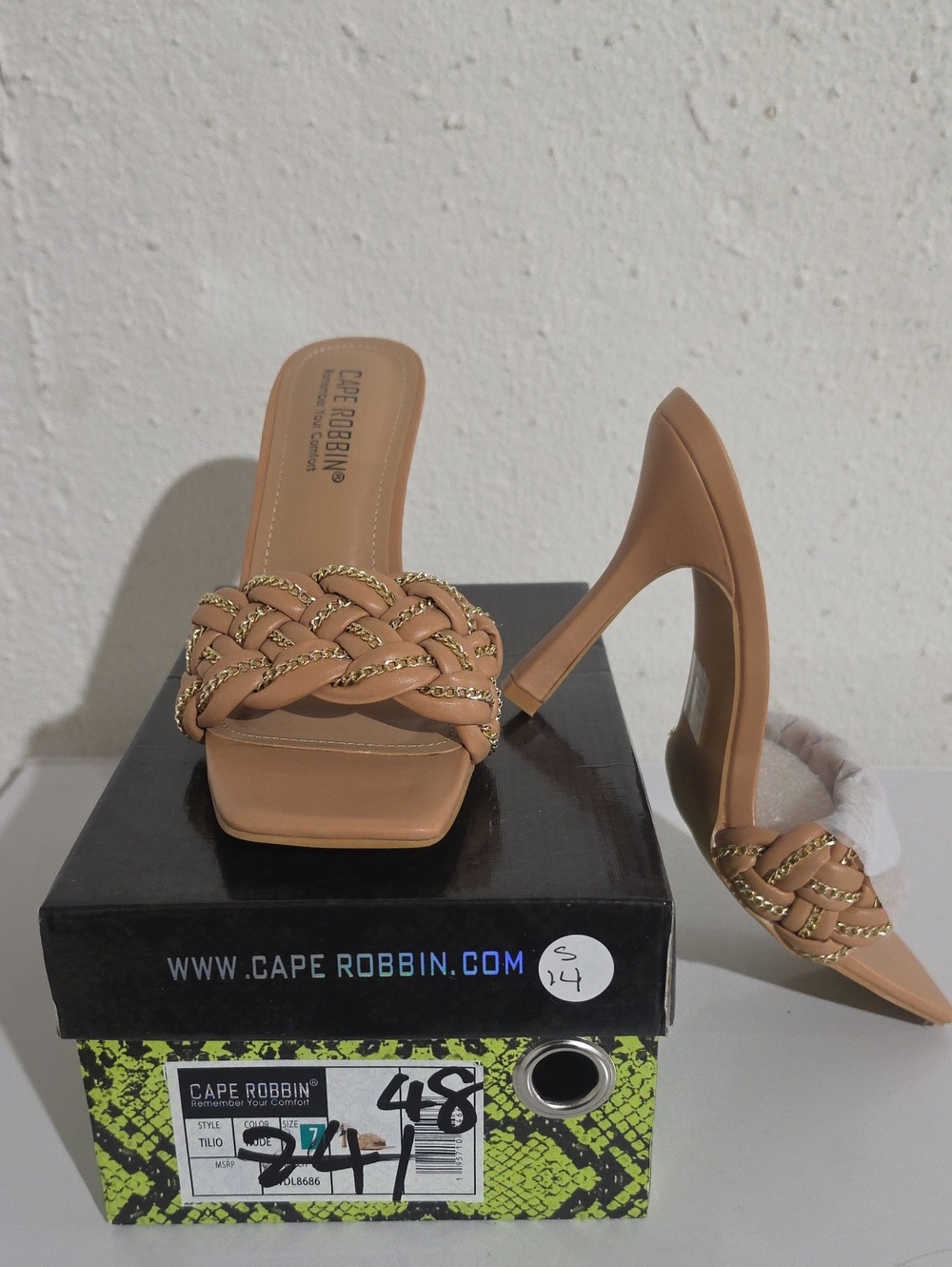Cape Robbin Tilio Tan Braided Strap Stiletto Mule with Gold Chain Trim